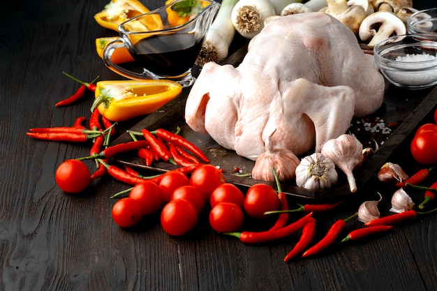 Poulet cru sur un plateau avec des ingrédients