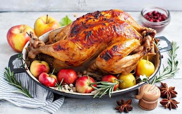 Poulet à cuire au four avec des épices et des pommes Dîner de Thanksgiving