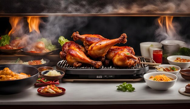 un poulet cuit sur un gril avec un pot de légumes