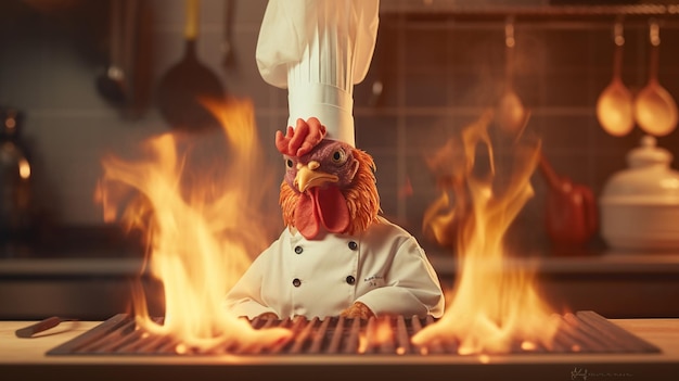 Un poulet dans un chapeau de chef cuisinant sur une table