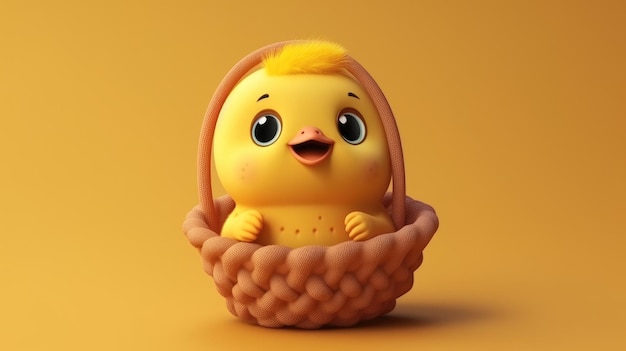 Un poulet dans un panier avec un bec jaune et un nez jaune.