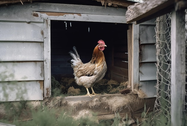 Un poulet dans un poulailler avec une clôture en bois en arrière-plan.