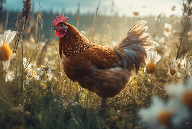 Un poulet debout dans un champ d'herbe haute