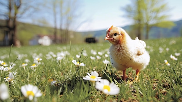 un poulet debout dans l'herbe