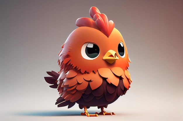 Un poulet de dessin animé avec une tête rouge et des plumes orange.