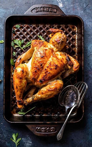 Poulet ou dinde frit dans un plateau de cuisson sombre vue de haut en bas