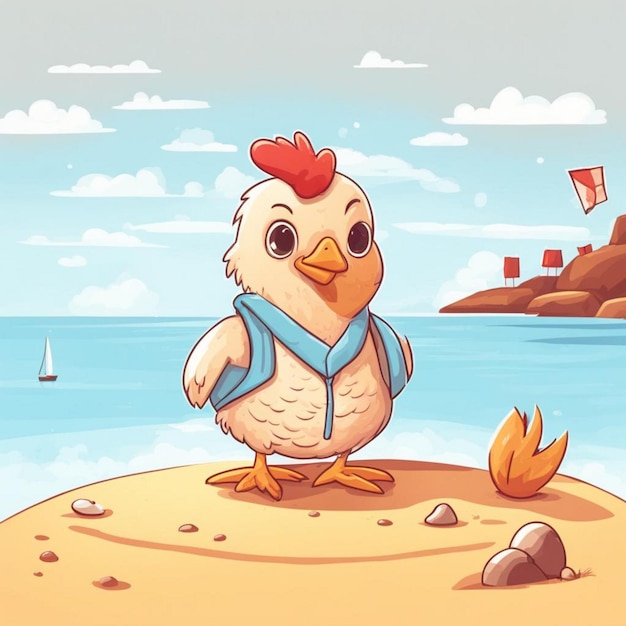 Un poulet drôle sur la plage en été.