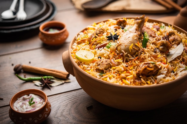 Le poulet Dum Handi Biryani est préparé dans un pot en terre ou en argile appelé Haandi. Nourriture non végétarienne indienne populaire