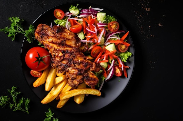 Poulet dur fait kebab avec salade de légumes et frites fond foncé vue supérieure copie