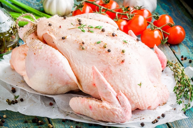 Poulet entier cru biologique avec tomates cerises au thym sur une table en bois rustique