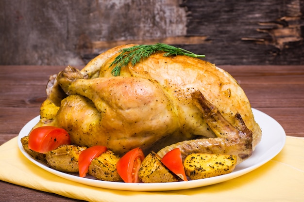 Poulet entier cuit au four avec une garniture de pommes de terre et tomates sur une assiette