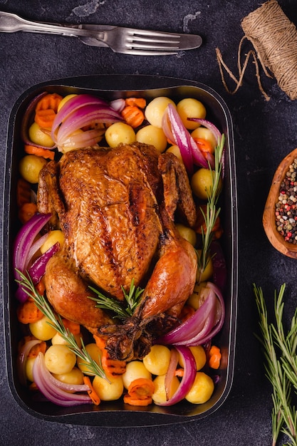 Poulet entier cuit au four avec des légumes