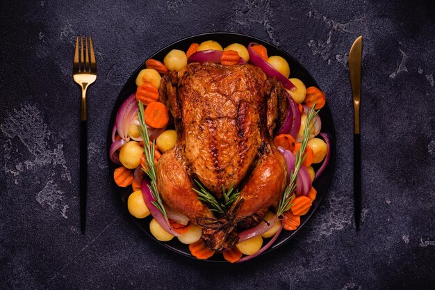 Poulet entier cuit au four avec des légumes