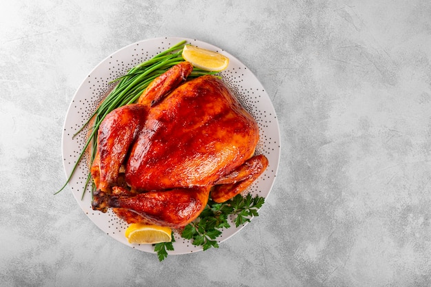 Poulet entier cuit en sauce au paprika sur une assiette