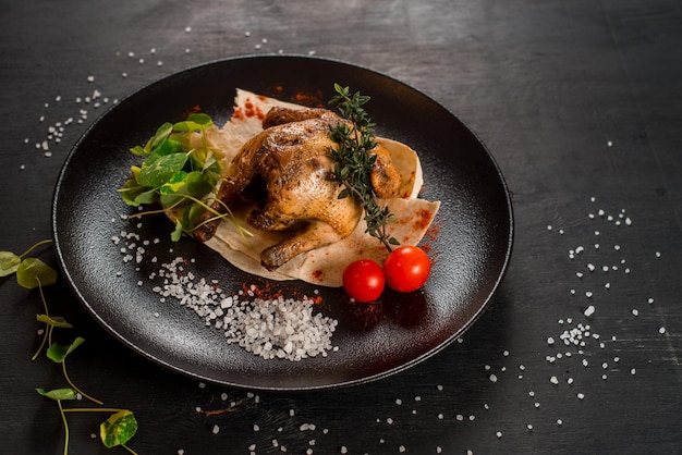 Poulet entier grillé avec des légumes sur fond noir