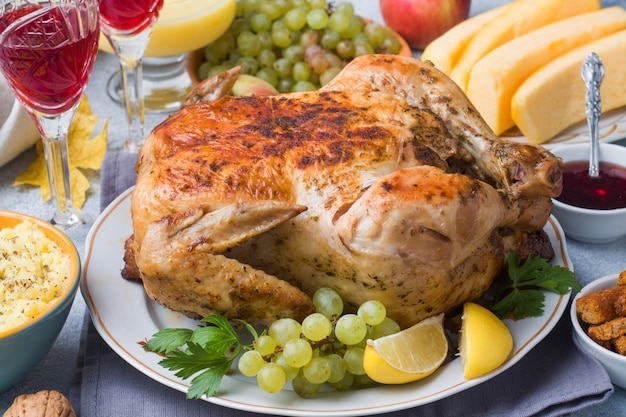 Poulet entier rôti au citron et aux raisins sur une surface gris clair