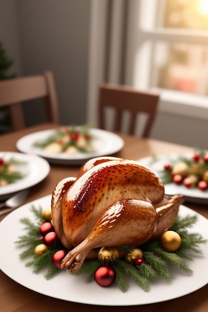 Poulet entier rôti avec décoration de Noël