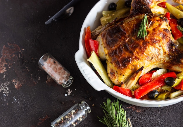 Poulet entier rôti avec des légumes dans un plat allant au four.