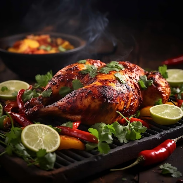 Poulet entier rôti avec légumes et épices sur une lèchefrite