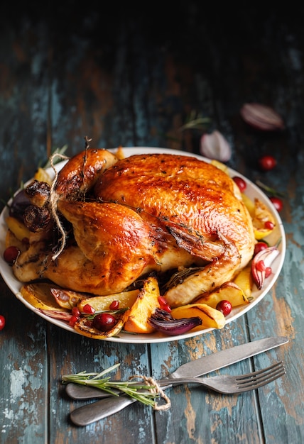 Poulet entier rôti avec des légumes rôtis sur une assiette sur une table