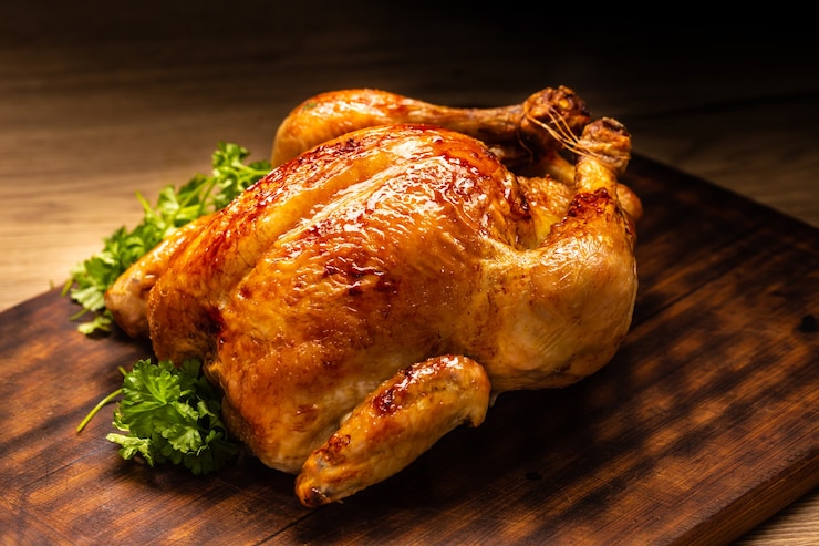 Photo poulet entier rôti sur une planche à découper en bois.