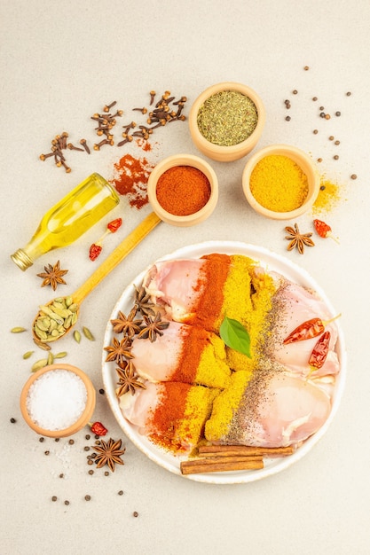 Poulet et épices au curry. Ensemble d'ingrédients bruts pour la cuisson des aliments traditionnels. Fond de béton en pierre clair, vue de dessus