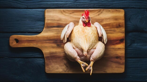 Le poulet est allongé sur une planche de bois.