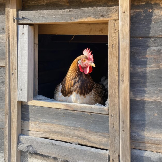 Un poulet est assis dans une fenêtre avec un bec rouge.