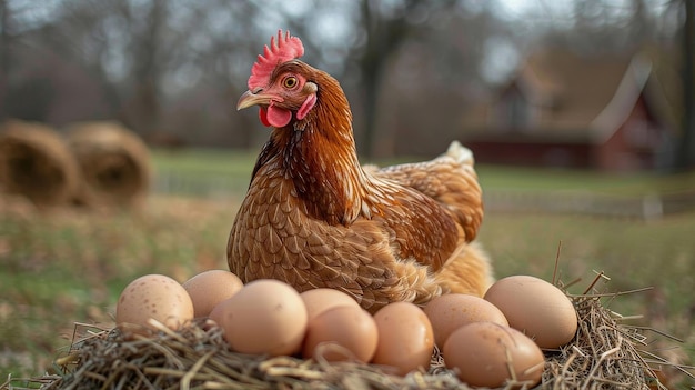 Un poulet est assis sur une pile d'œufs.