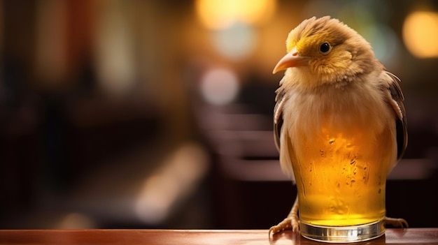 un poulet est assis sur une table avec un verre de bière.