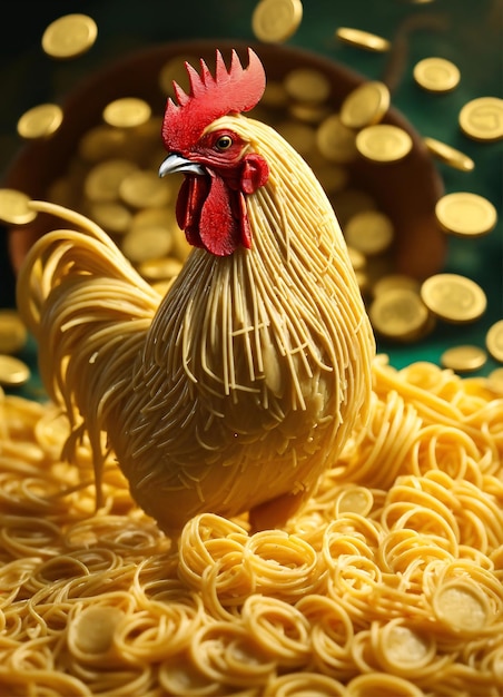 Un poulet fait de macaroni se tient sur une mer de macaroni