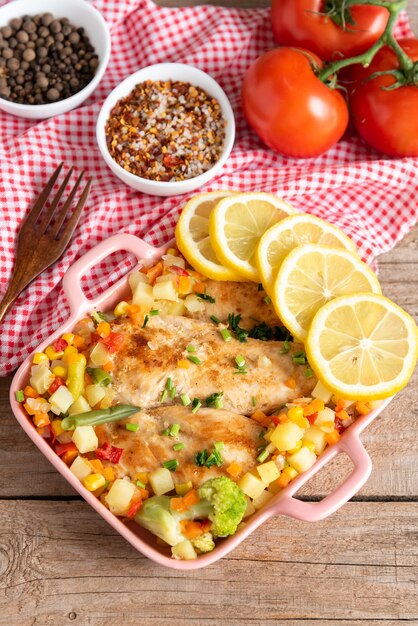 Poulet fait maison cuit au four avec des légumes et du citron. Vaisselle. Vue de dessus.