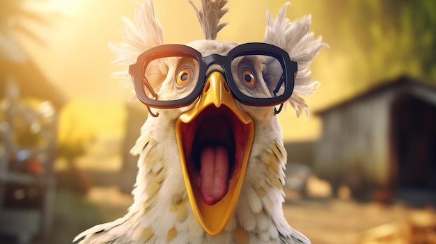 Photo un poulet fou et bruyant portant des lunettes criant fort