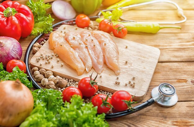 Poulet frais avec salade. Légumes biologiques frais pour cuisiner un régime alimentaire et des aliments sains.