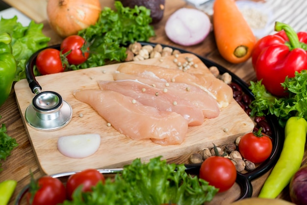 Poulet frais avec salade. Légumes biologiques frais pour cuisiner un régime alimentaire et des aliments sains.