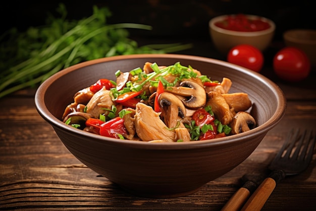 Poulet frit avec des champignons au poivre et de la poivre dans un bol de cuisine asiatique