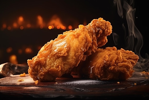 Poulet frit croustillant sur planche de bois éclairage sombre et fond noir Concept de nourriture et de livraison