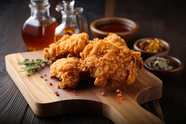 Poulet frit croustillant sur une planche de bois rustique avec montée de vapeur et sauce piquante