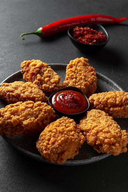 Poulet frit épicé dans une panure croustillante fond noir vue de dessus copie espace