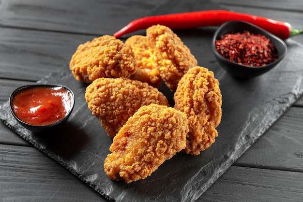 Poulet frit épicé dans une panure croustillante fond noir vue de dessus copie espace