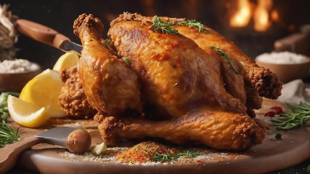 Poulet frit et épices autour de la spatule