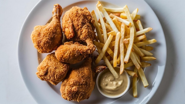 Poulet frit et frites dans une assiette blanche