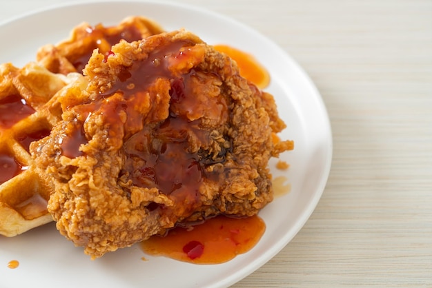 Poulet frit avec gaufre et sauce épicée