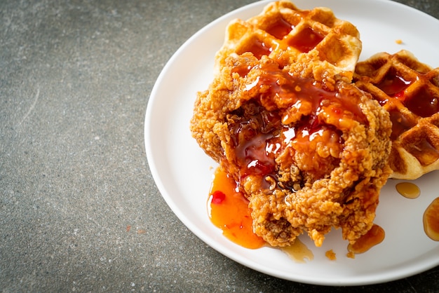 poulet frit maison avec gaufre et sauce épicée