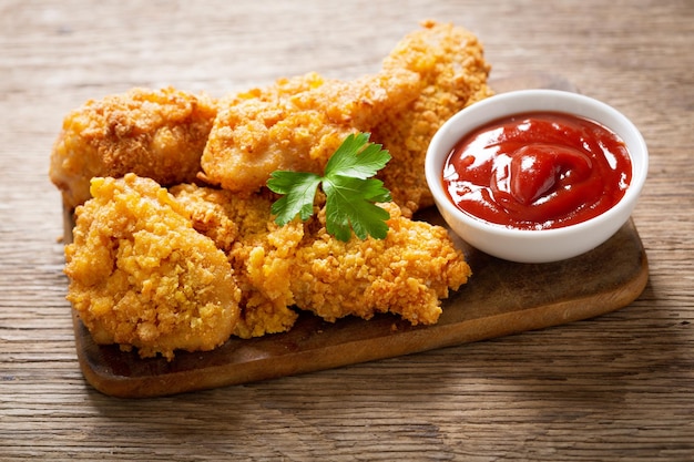 Poulet frit sur une planche de bois