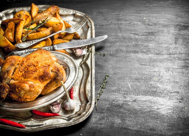 Poulet frit avec pommes de terre sur un plateau.