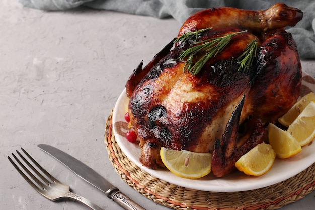 Poulet frit en sauce au miel avec des oranges et du romarin sur une table en béton gris, Close up