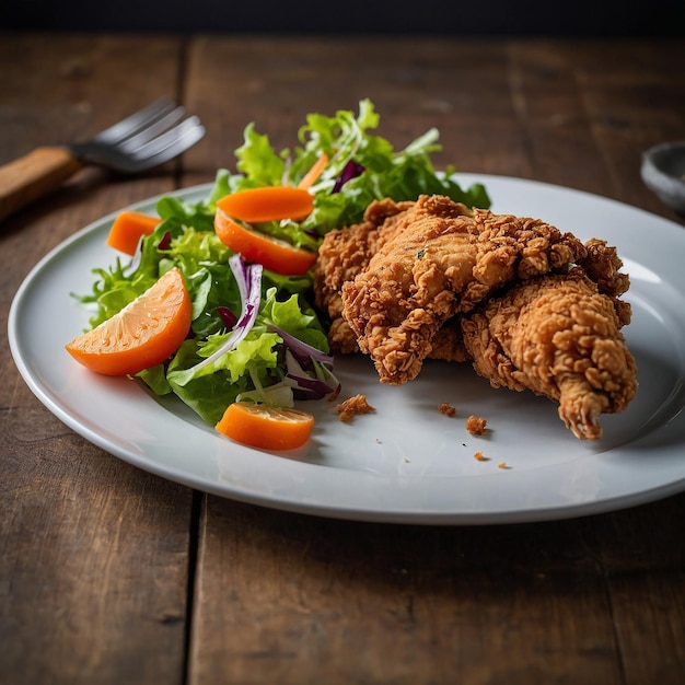 Poulet frite croustillant sur une assiette avec salade et carotte