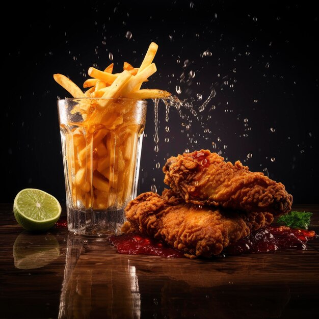 Photo poulet frite croustillant avec des frites un verre de cola refroidi