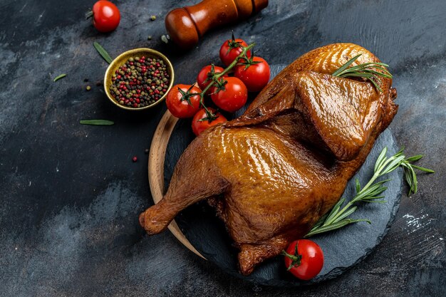 Poulet fumé à bord avec romarin et tomates cerises bannière menu recette place pour la vue de dessus de texte